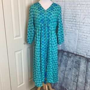 Roller Rabbit Cotton Dress L Block Print Turquoise Blue Tassel Tie Boho Beach